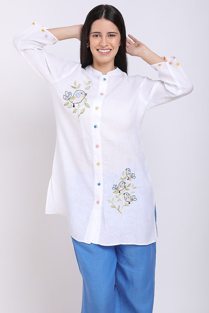 White Hand Embroidered Shirt by Linen Bloom