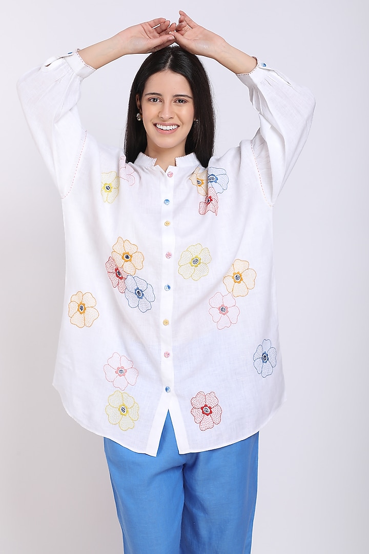 Ivory Hand Embroidered Oversized Shirt by Linen Bloom