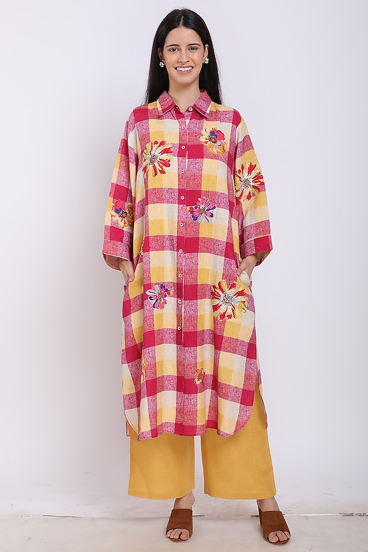 Fuschia Printed & Hand Embroidered Tunic by Linen Bloom