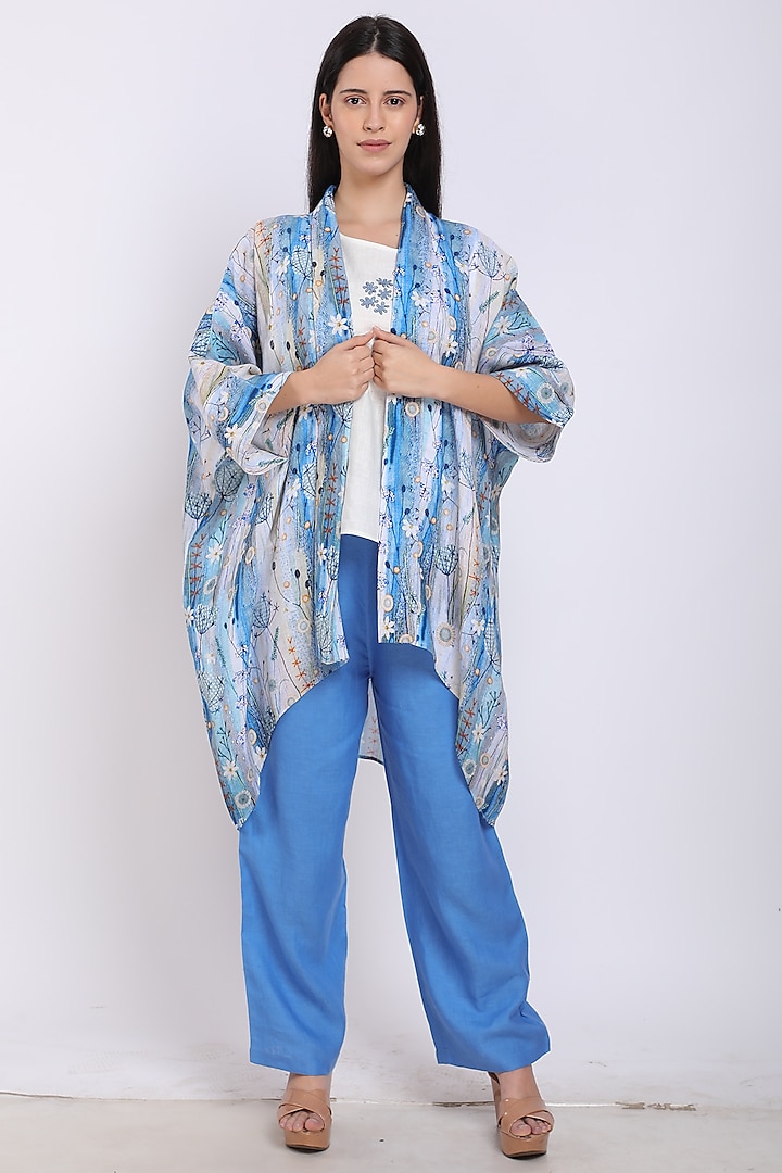 Aqua Printed Asymmetrical Kaftan by Linen Bloom at Pernia's Pop Up Shop