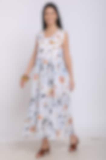 White Printed & Embroidered Gathered Maxi Summer Dress by Linen Bloom at Pernia's Pop Up Shop