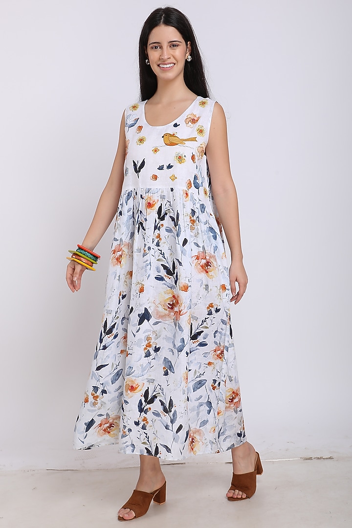 White Printed & Embroidered Gathered Maxi Summer Dress by Linen Bloom at Pernia's Pop Up Shop