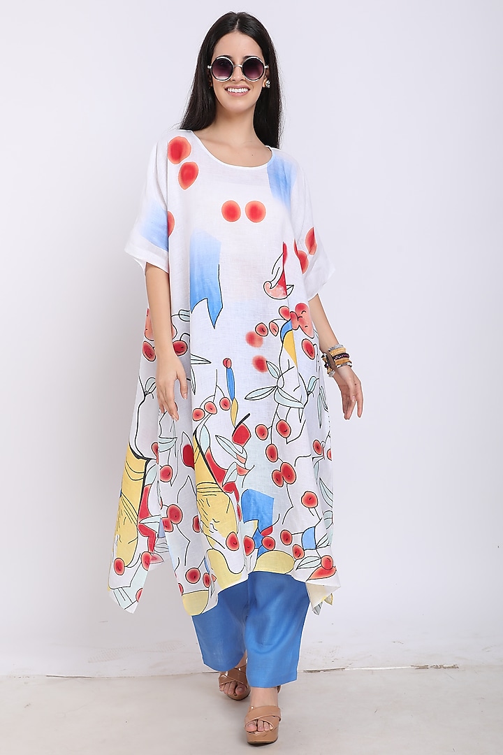 White Printed Asymmetrical Kaftan by Linen Bloom at Pernia's Pop Up Shop