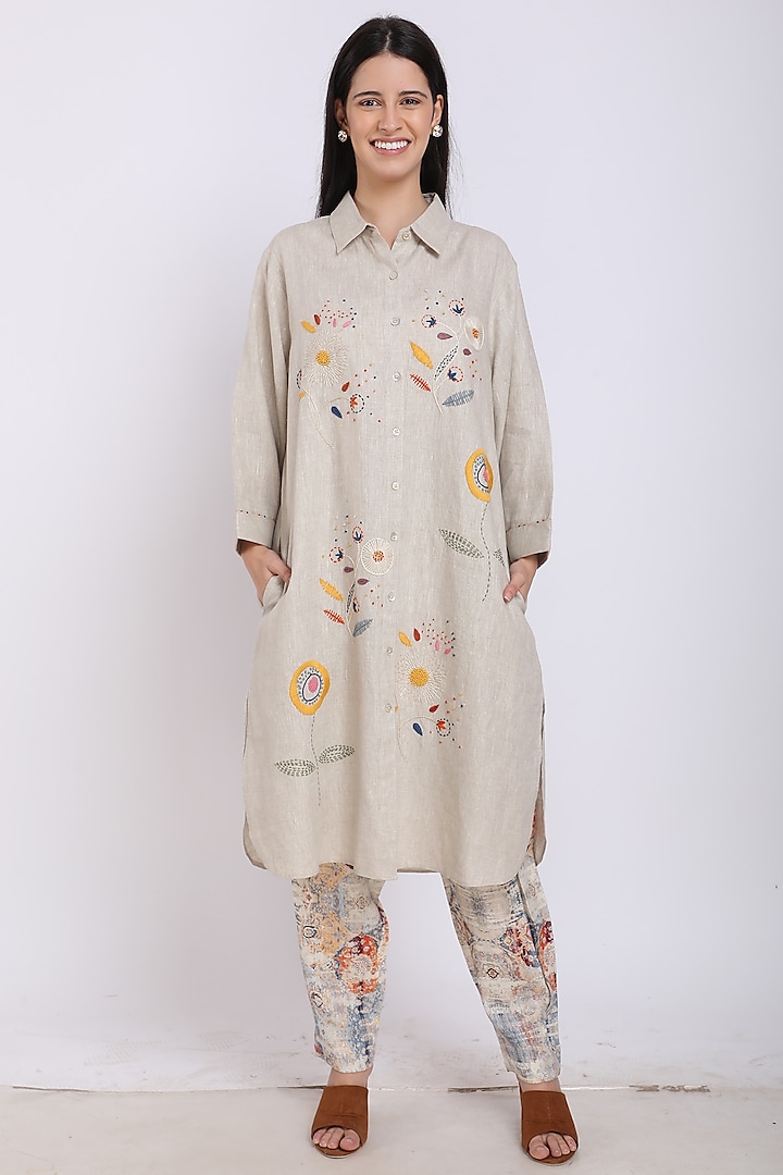Beige Hand Embroidered Tunic by Linen Bloom