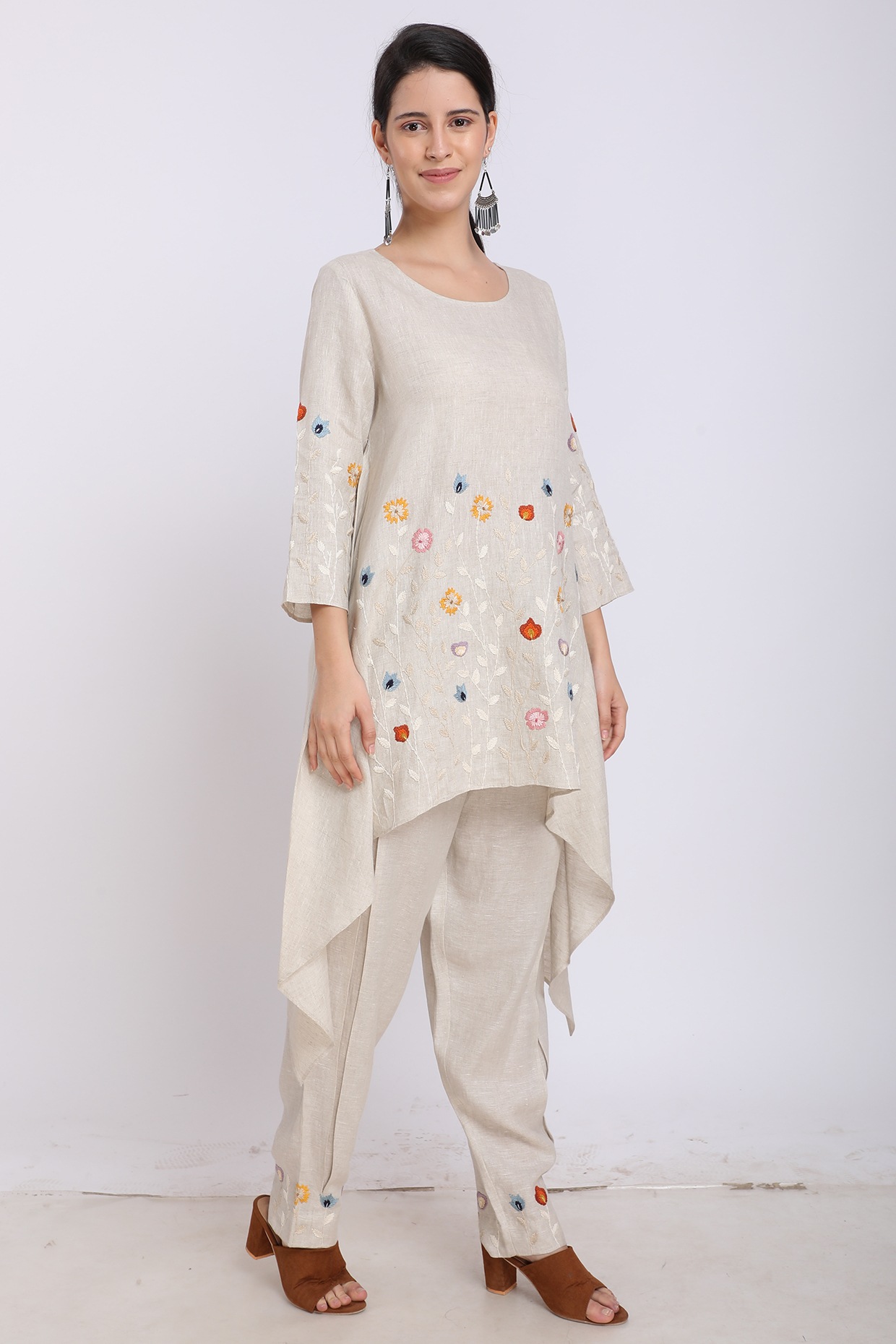 Beige Hand Embroidered High-Low Tunic by Linen Bloom at Pernia's Pop Up ...