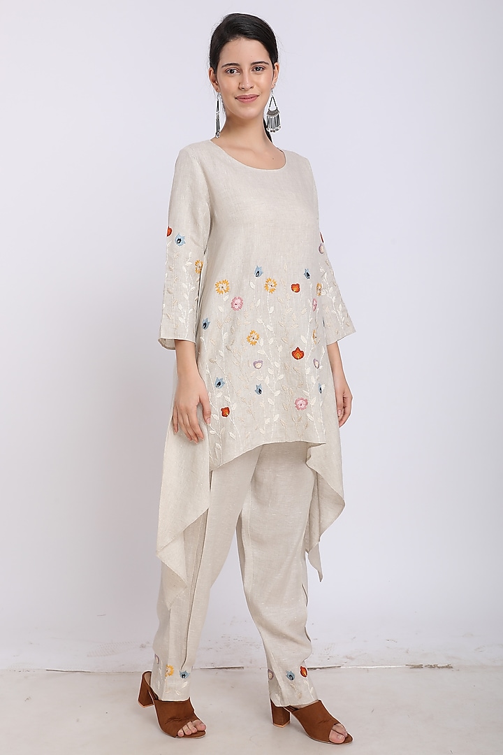 Beige Hand Embroidered High-Low Tunic by Linen Bloom