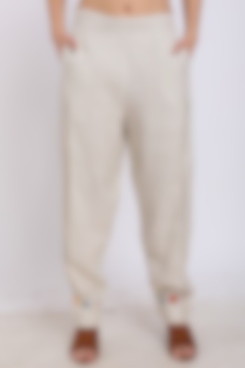 Beige Embroidered Pleated Pants by Linen Bloom