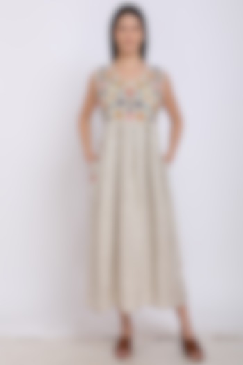 Beige Printed & Embroidered Dress by Linen Bloom