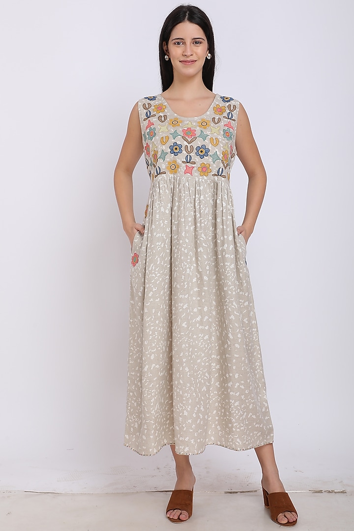 Beige Printed & Embroidered Dress by Linen Bloom