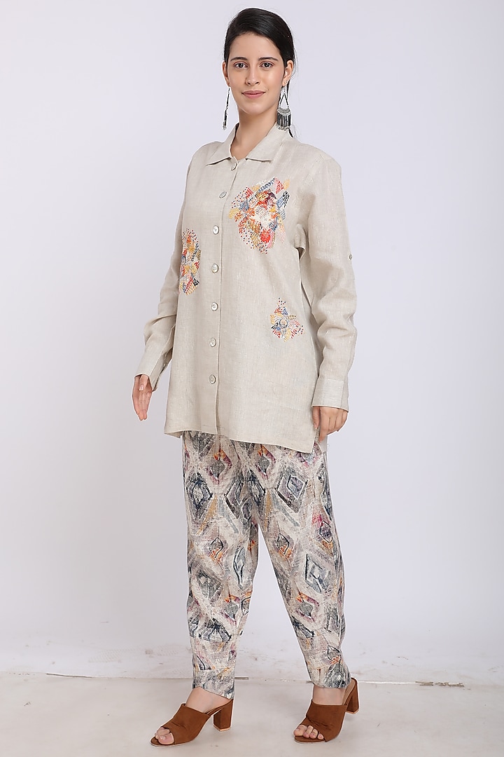 Beige Hand Embroidered Shacket by Linen Bloom