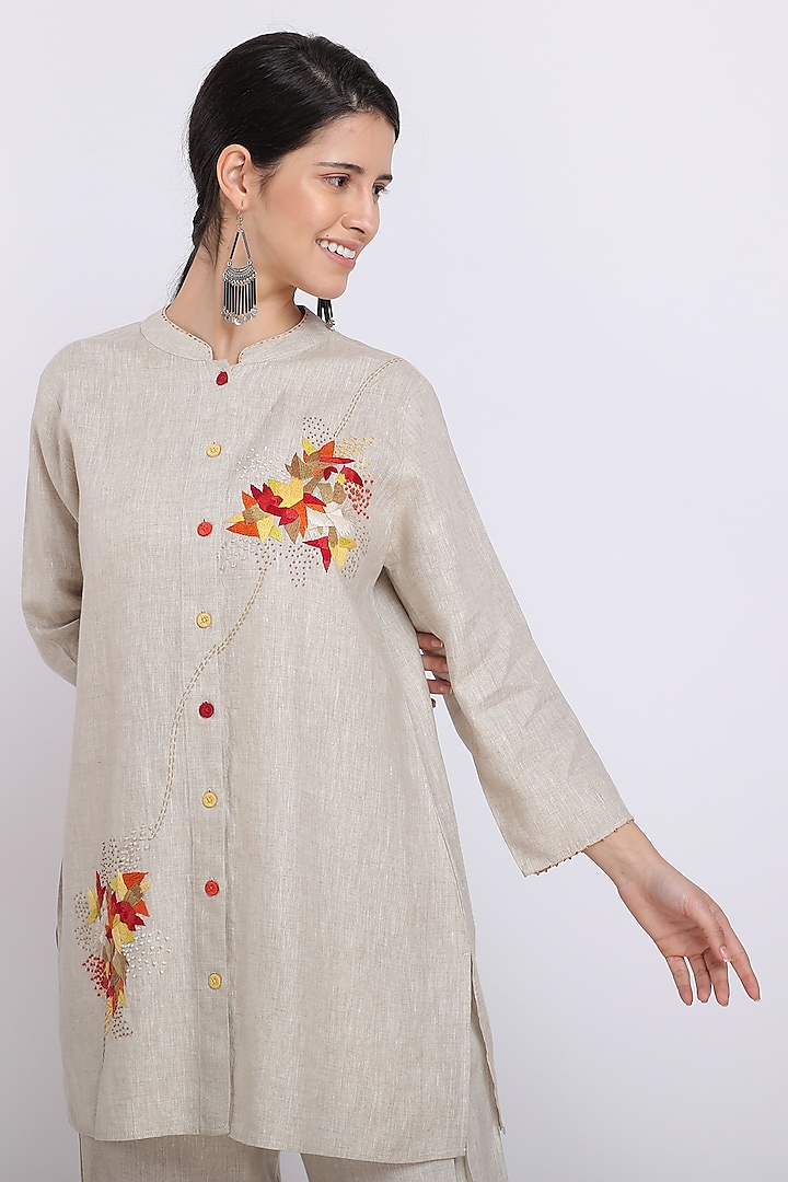 Beige Hand Embroidered Shirt by Linen Bloom