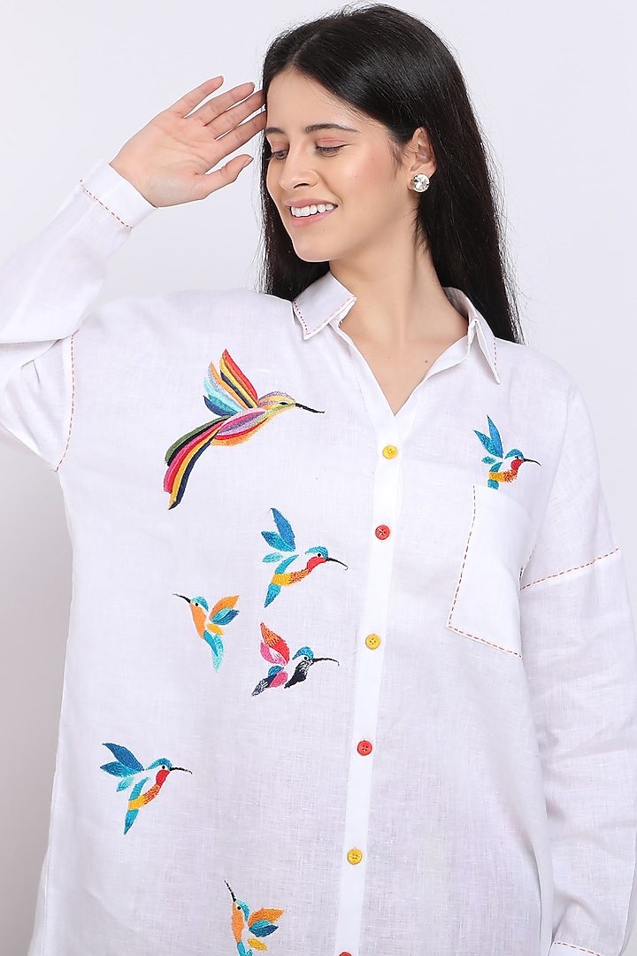 White Embroidered Shirt by Linen Bloom