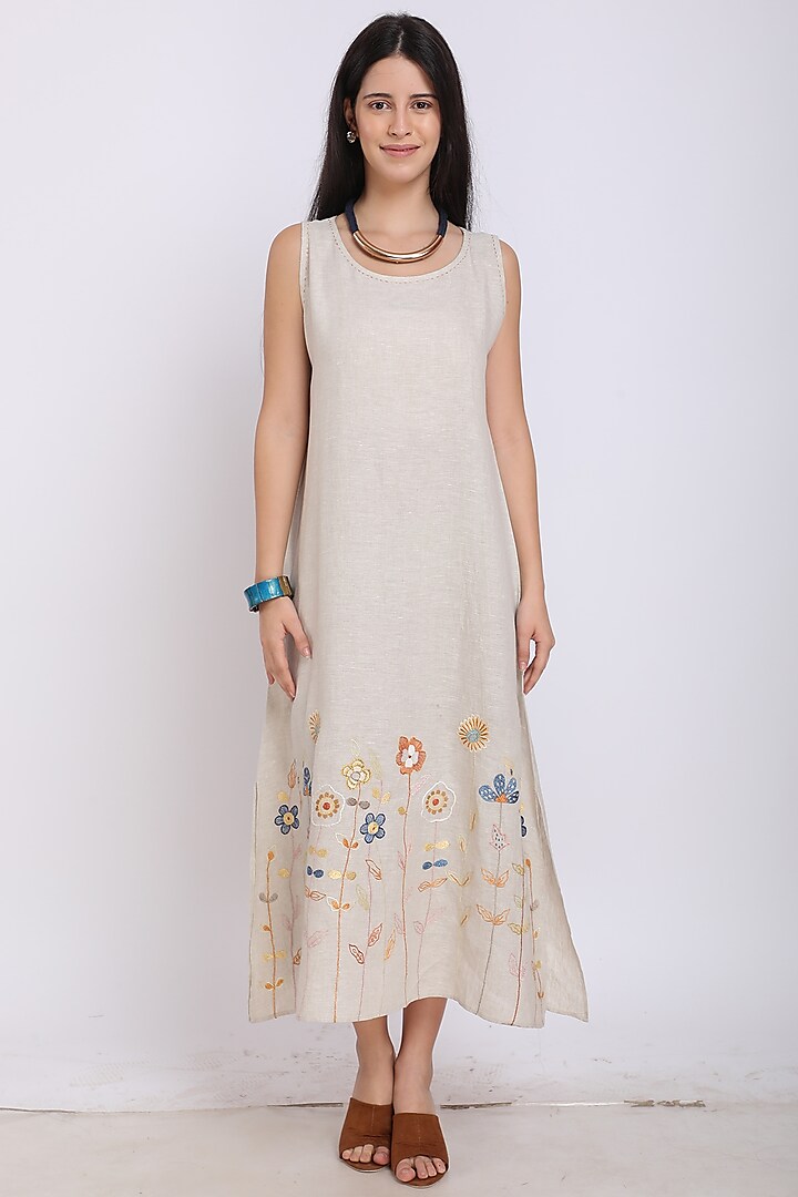 Beige Embroidered Dress by Linen Bloom