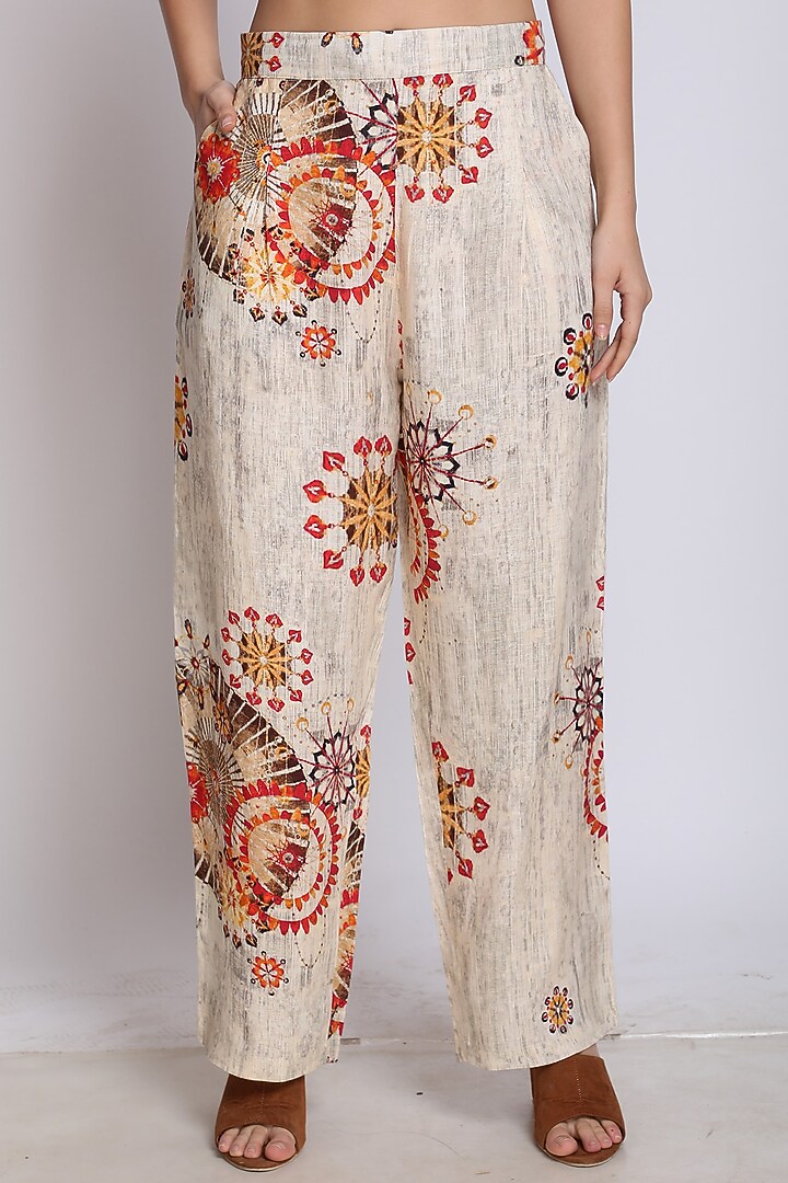 Beige Digital Printed Pleated Pants by Linen Bloom at Pernia's Pop Up Shop