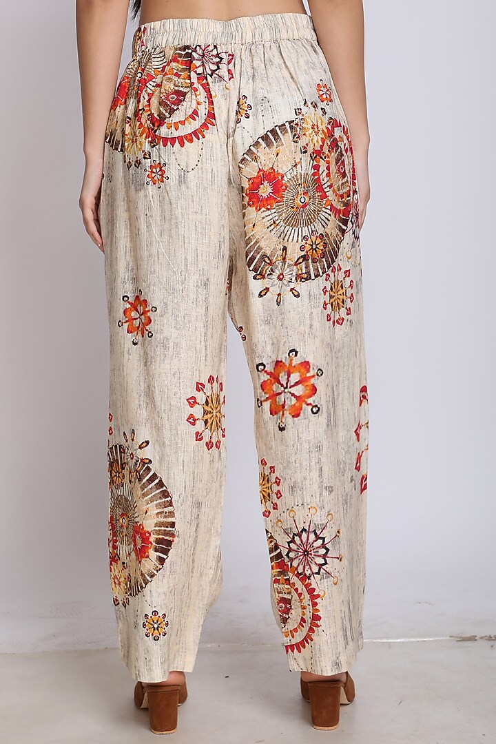 Beige Digital Printed Pleated Pants by Linen Bloom at Pernia's Pop Up Shop
