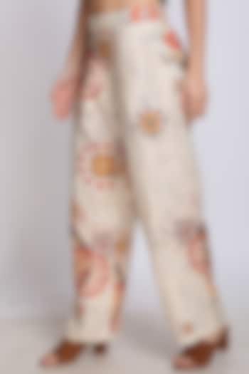 Beige Digital Printed Pleated Pants by Linen Bloom
