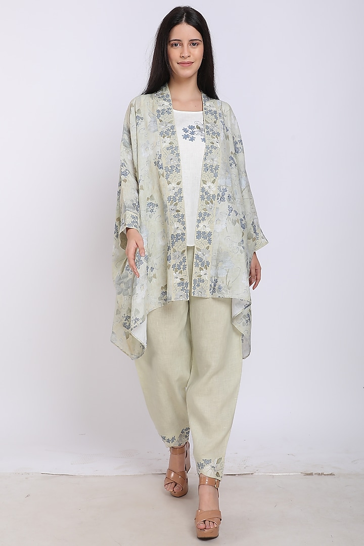 Sage Green Printed Asymmetrical Kaftan by Linen Bloom at Pernia's Pop Up Shop