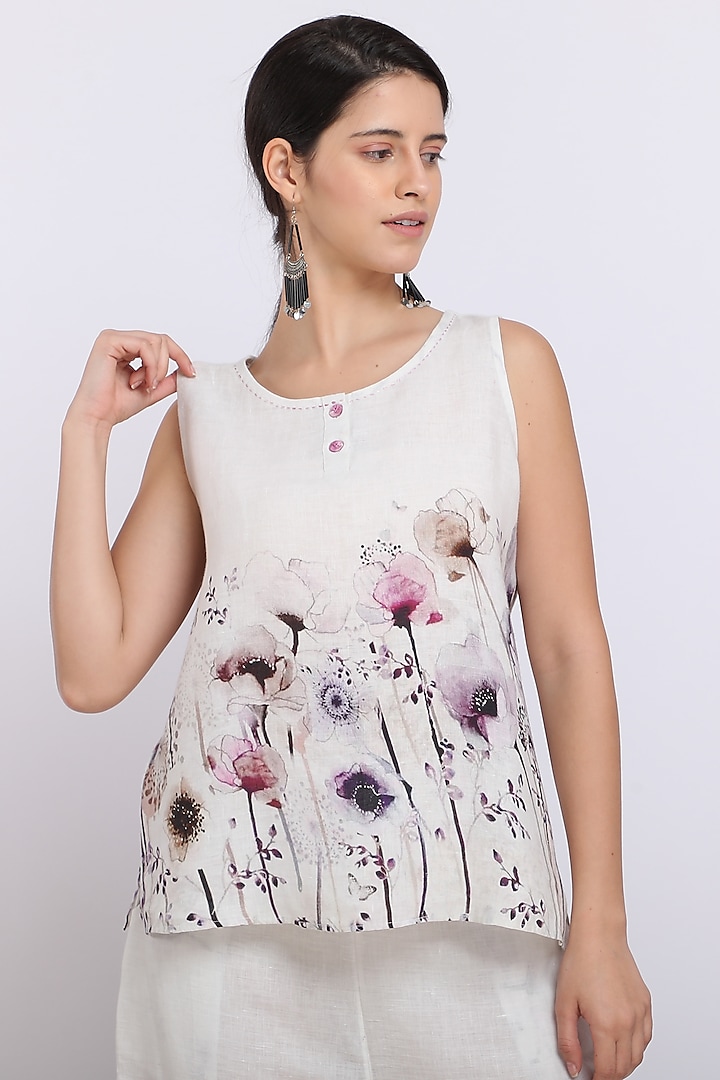 White Printed Top by Linen Bloom