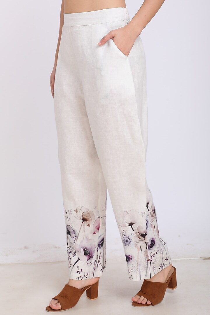 White Printed Pants by Linen Bloom