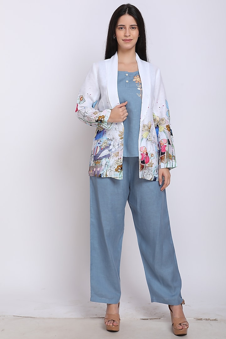 Ivory Floral Printed Blazer by Linen Bloom