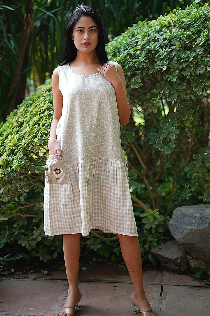 Beige Pure Linen Printed Midi Dress by Linen Bloom