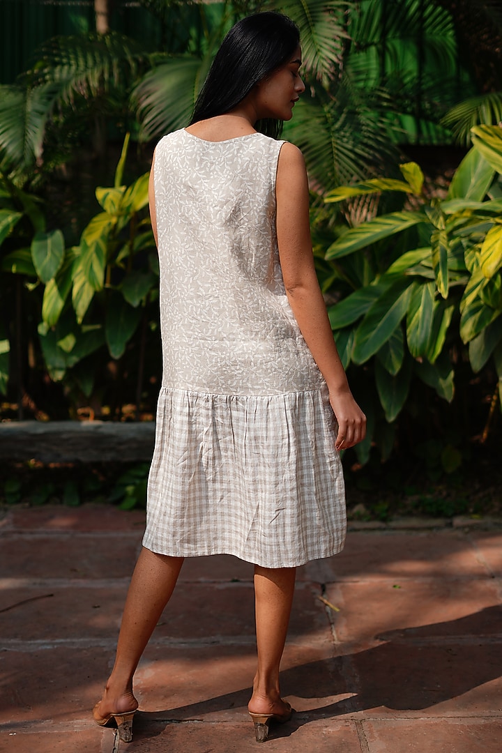 beige midi summer dress Beige Linen Midi Dress with Pleated Swing and Puff Sleeves