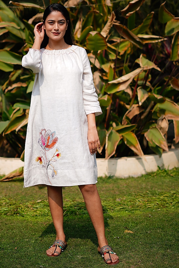 Beige Pure Linen Midi Dress by Linen Bloom