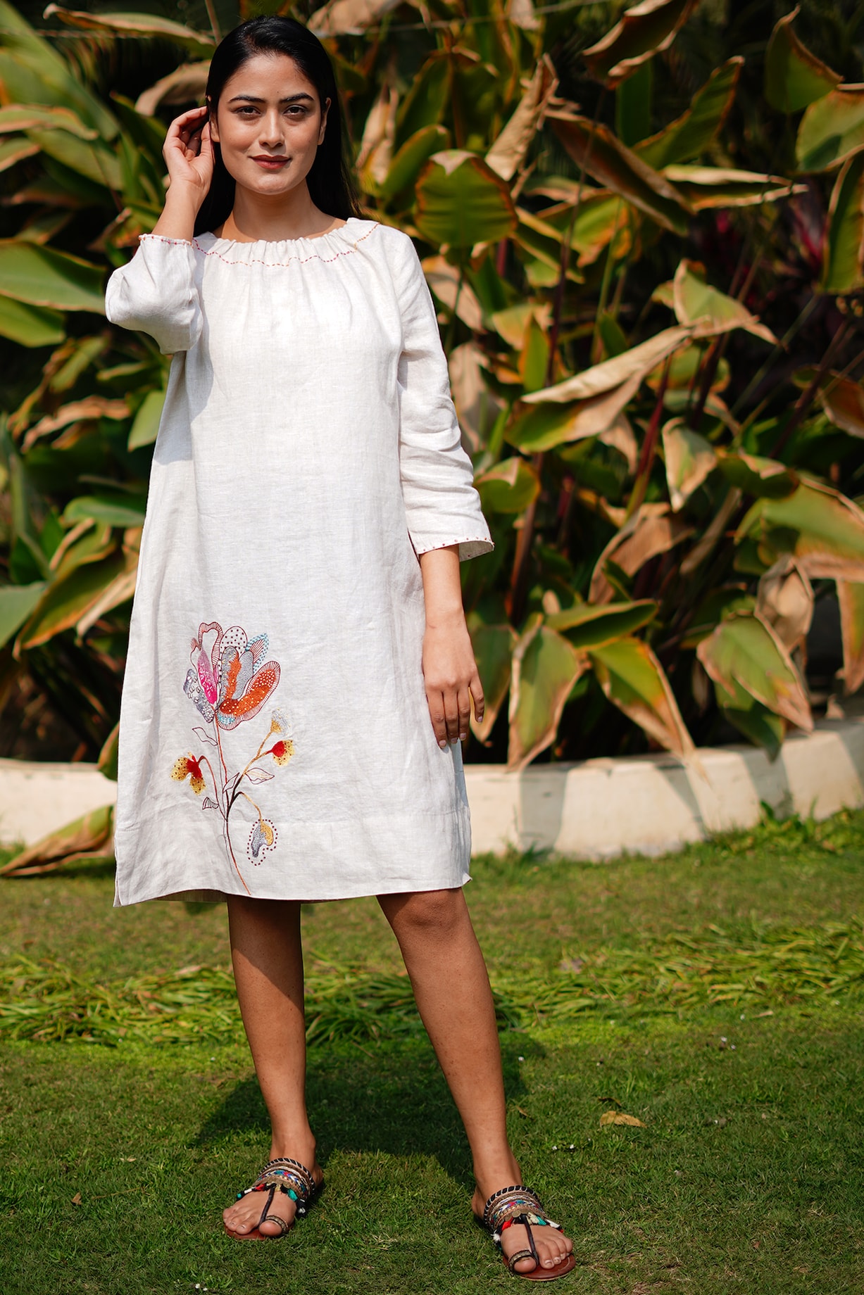 Beige Pure Linen Midi Dress by Linen Bloom at Pernia's Pop Up Shop