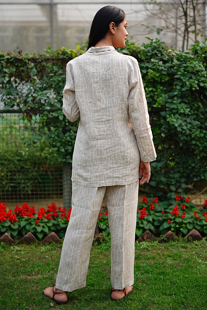 Beige Pure Linen Printed & Embroidered Blazer by Linen Bloom at Pernia's Pop Up Shop