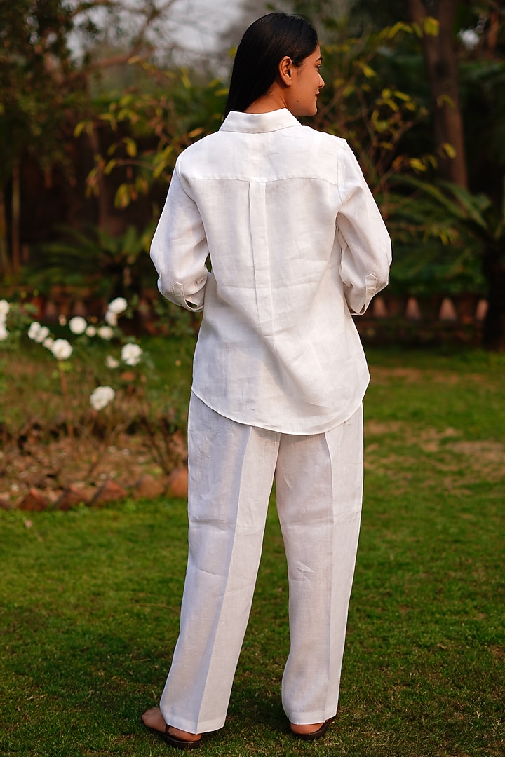 White Pure Linen Embroidered Shirt by Linen Bloom at Pernia's Pop Up Shop