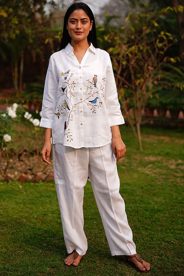 White Pure Linen Embroidered Shirt by Linen Bloom at Pernia's Pop Up Shop