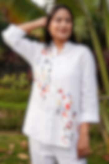 White Pure Linen Embroidered Shirt by Linen Bloom