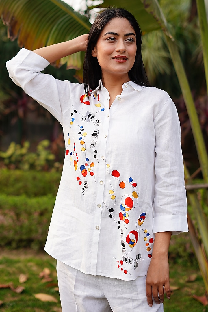 White Pure Linen Embroidered Shirt by Linen Bloom