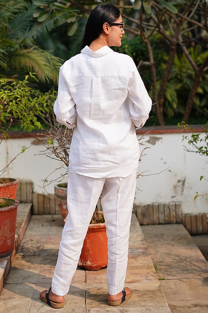 White Pure Linen Embroidered Shirt by Linen Bloom at Pernia's Pop Up Shop