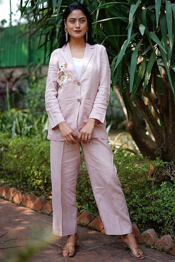 Light Pink Pure Linen Embroidered Blazer by Linen Bloom
