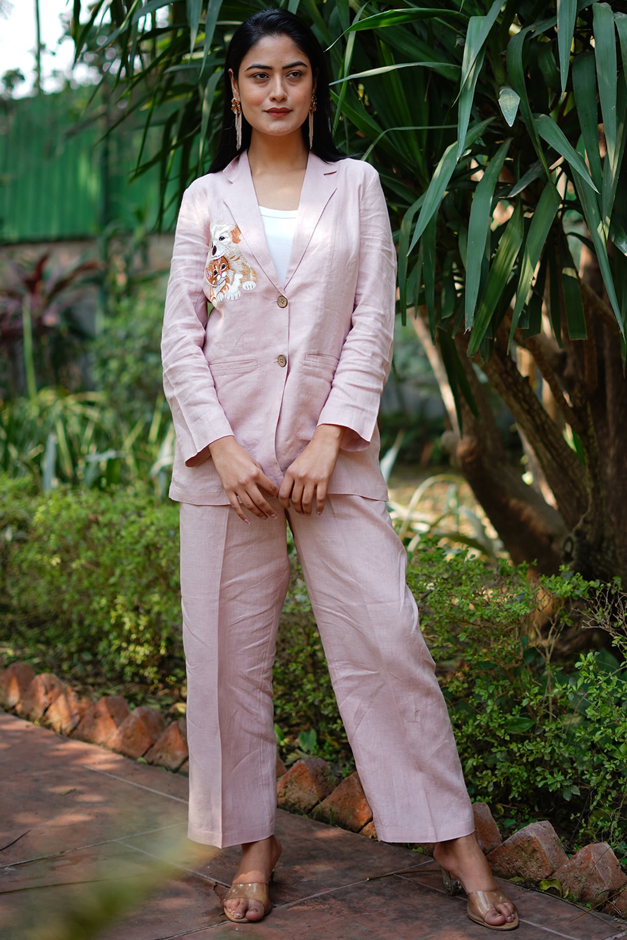 Light Pink Pure Linen Embroidered Blazer by Linen Bloom at
