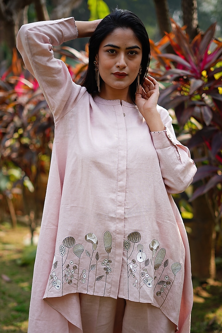 Light Pink Pure Linen Embroidered High-Low Tunic by Linen Bloom