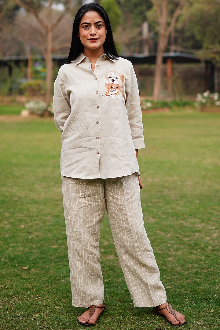 Beige Pure Linen Embroidered Shirt by Linen Bloom