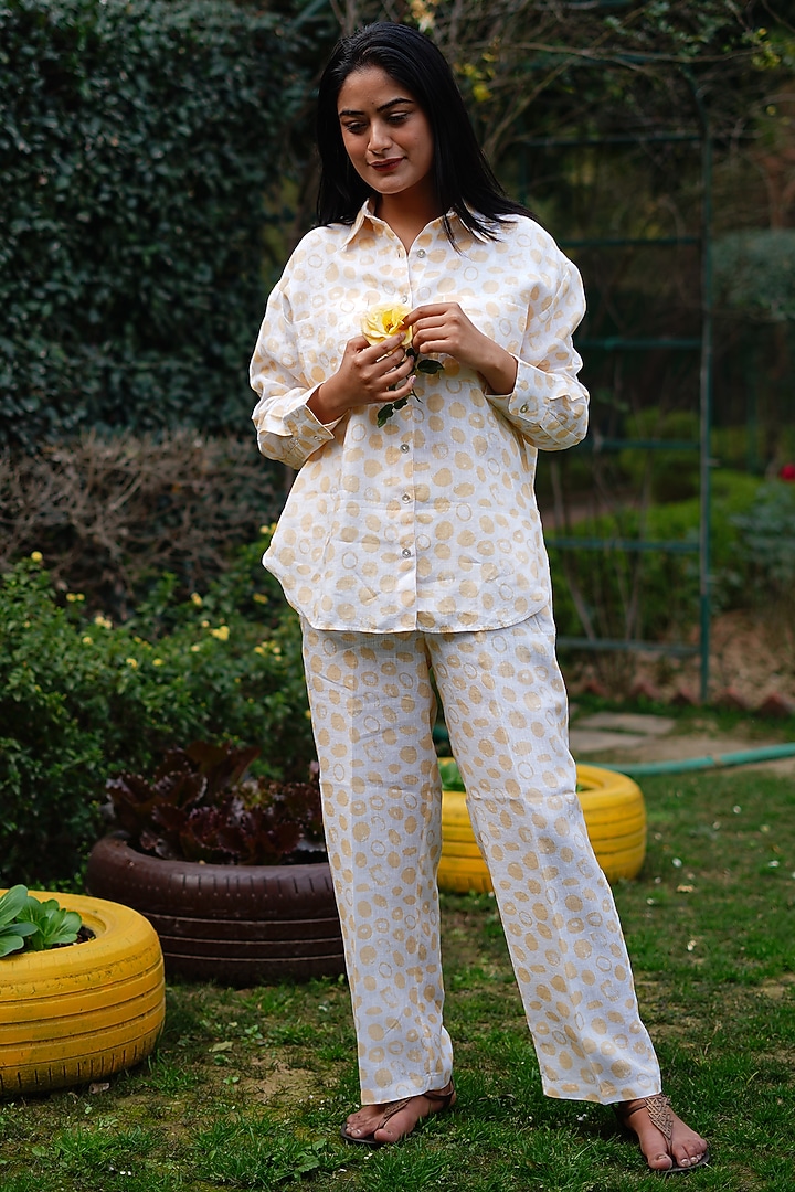 Yellow Pure Linen Dot Printed Shirt by Linen Bloom at Pernia's Pop Up Shop