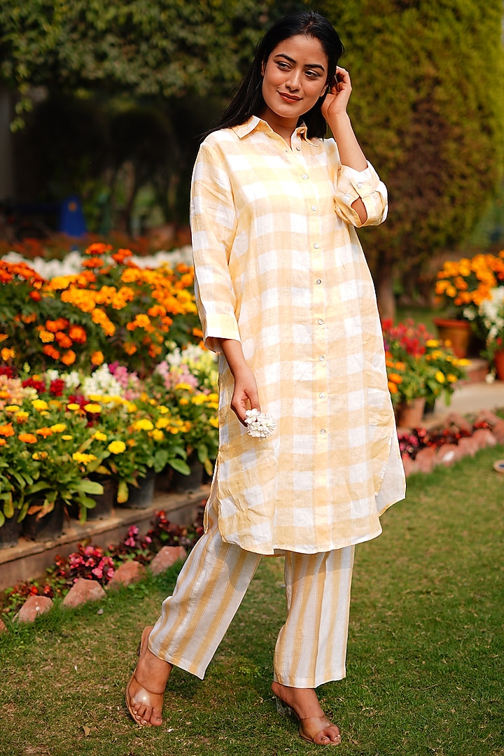 Ochre Pure Linen Checkered Tunic by Linen Bloom