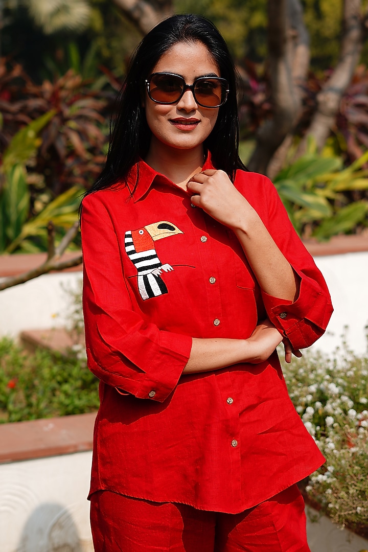 Red Pure Linen Embroidered Shirt by Linen Bloom
