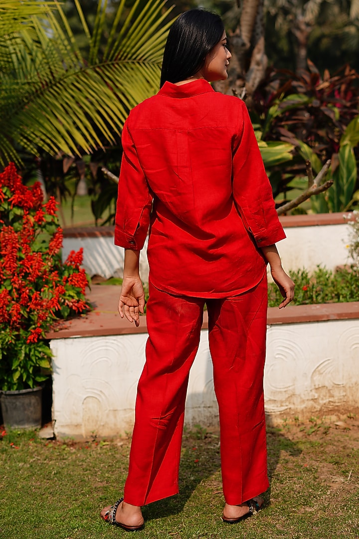 Red Pure Linen Embroidered Shirt by Linen Bloom at Pernia's Pop Up Shop