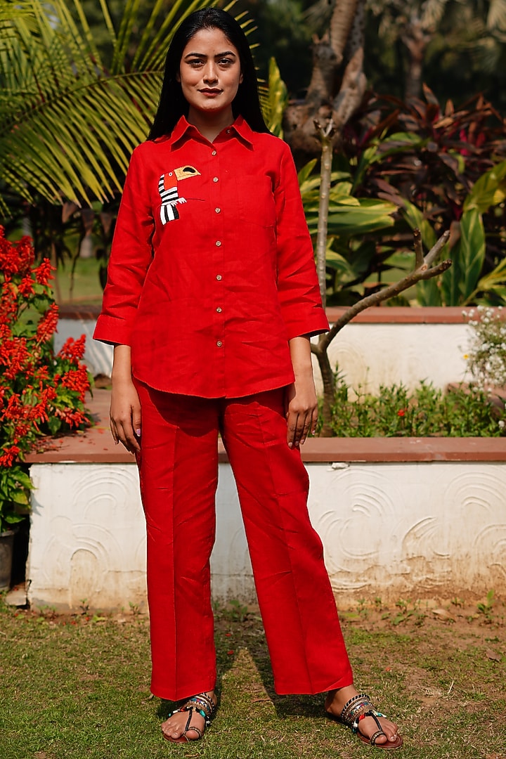 Red Pure Linen Embroidered Shirt by Linen Bloom at Pernia's Pop Up Shop