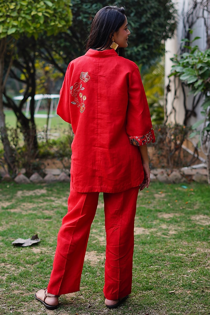 Red Pure Linen Embroidered Shirt by Linen Bloom at Pernia's Pop Up Shop