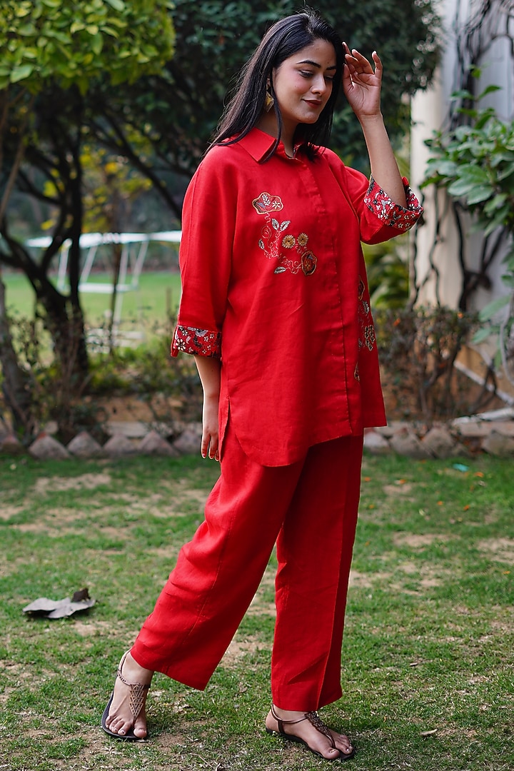 Red Pure Linen Embroidered Shirt by Linen Bloom at Pernia's Pop Up Shop