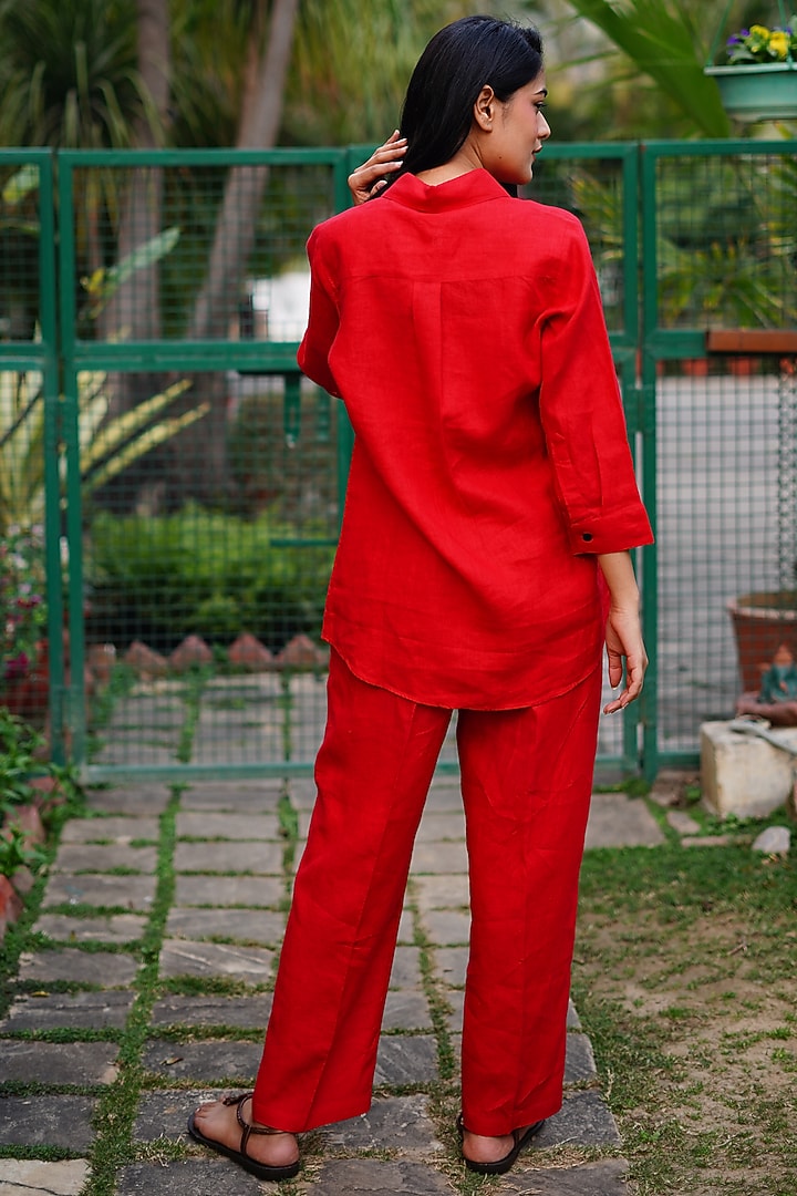Red Pure Linen Embroidered Shirt by Linen Bloom at Pernia's Pop Up Shop