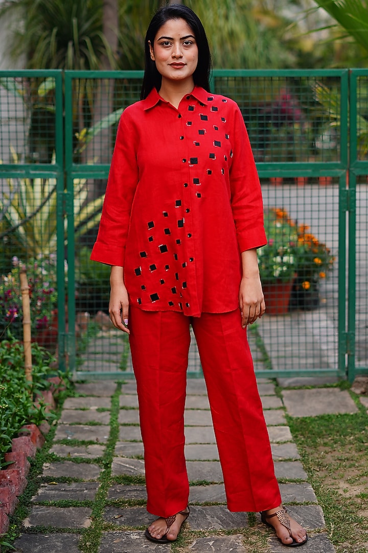Red Pure Linen Embroidered Shirt by Linen Bloom at Pernia's Pop Up Shop