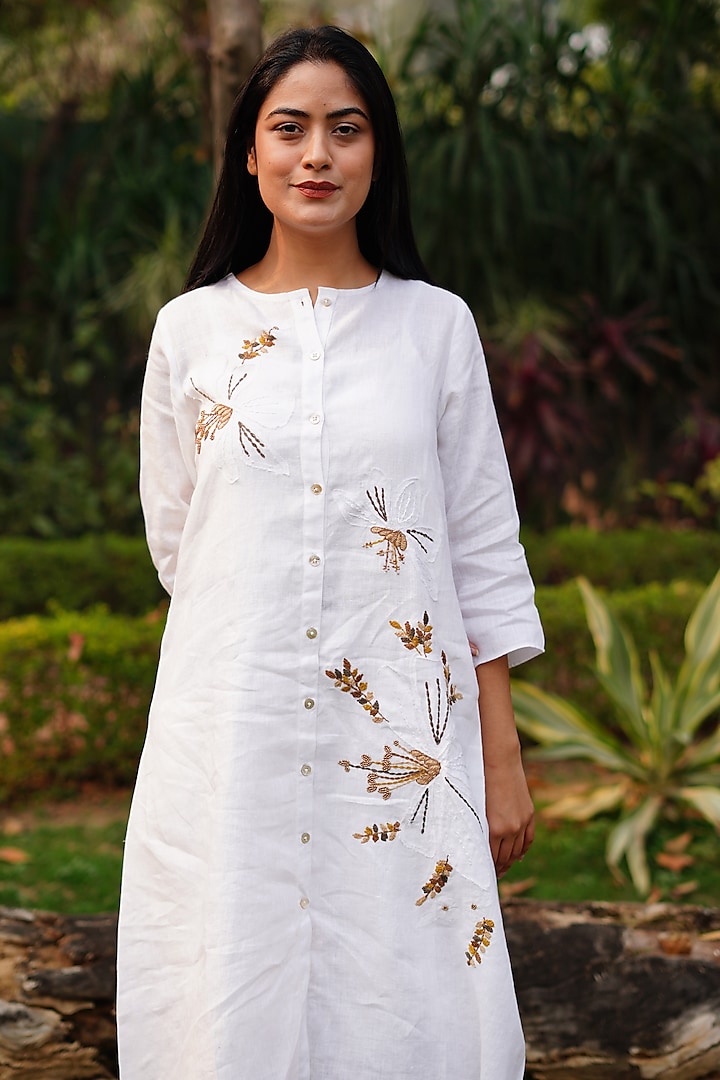 White Pure Linen Floral Embroidered Tunic by Linen Bloom