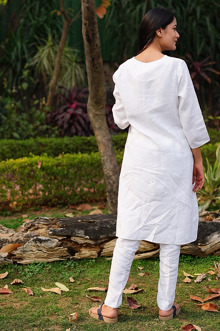 White Pure Linen Floral Embroidered Tunic by Linen Bloom at Pernia's Pop Up Shop