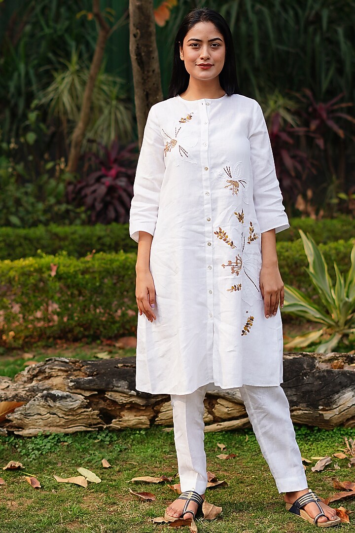 White Pure Linen Floral Embroidered Tunic by Linen Bloom at Pernia's Pop Up Shop